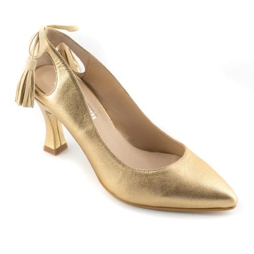 Zapato de vestir color oro con adorno en el talón, comprar online calzado tacón mujer