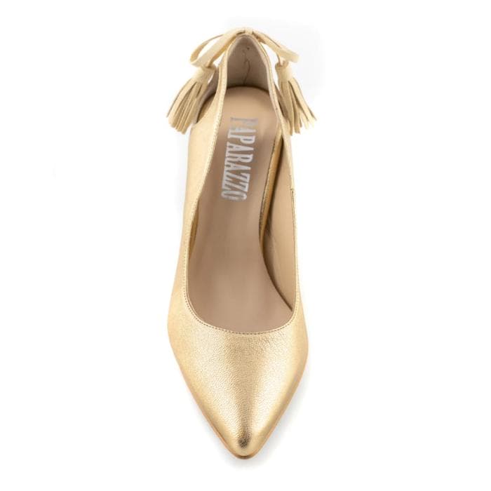 Zapato de vestir color oro con adorno en el talón, comprar online calzado tacón mujer