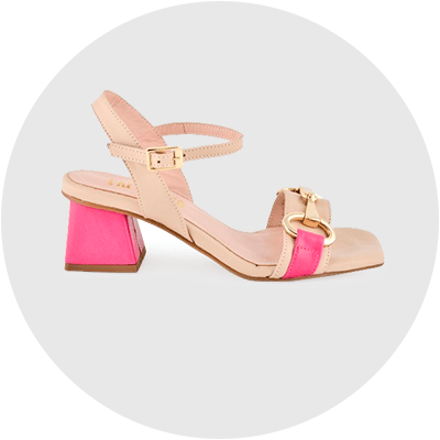sandalia tacón camel y rosa, calzado mujer tacón cómodo zapatería online